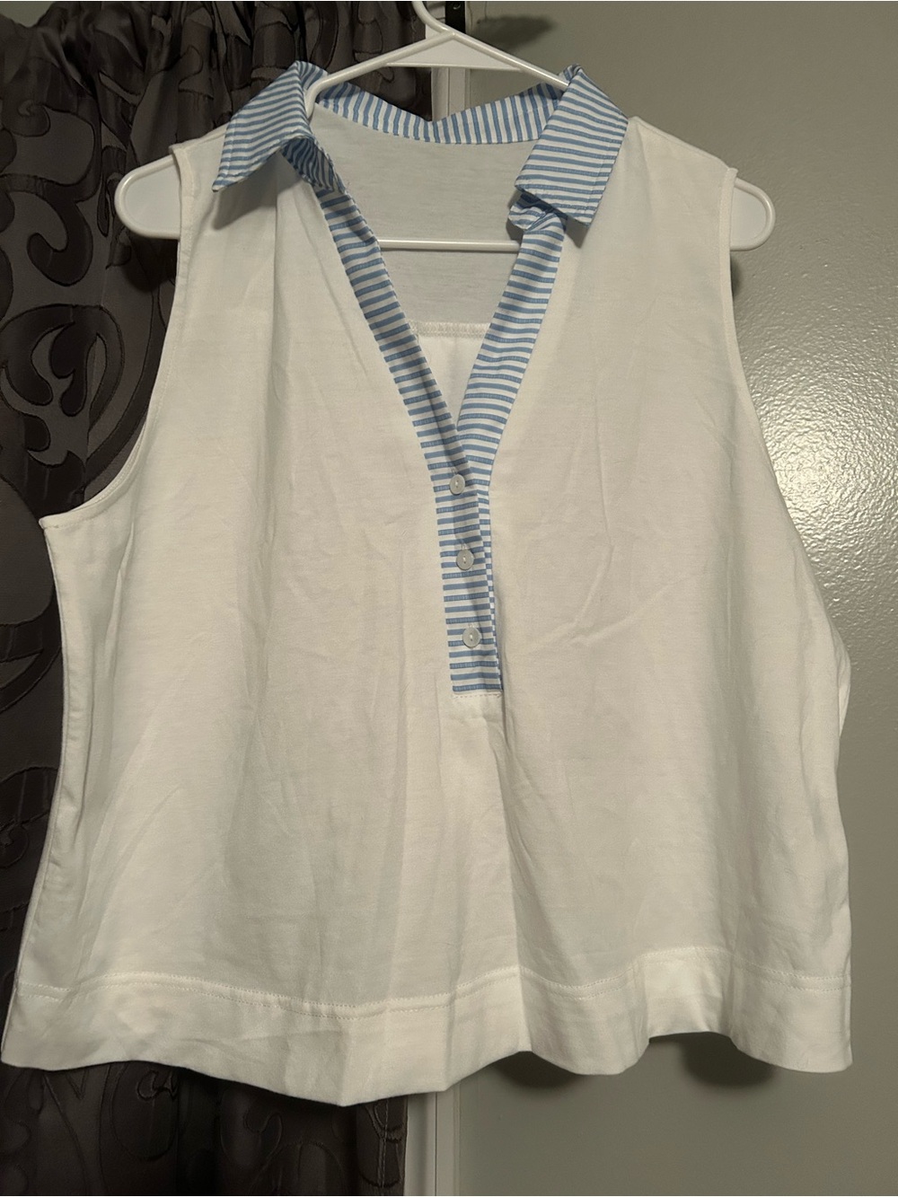 Sleeveless Cropped White Polo Tank with Blue Stripe Trim